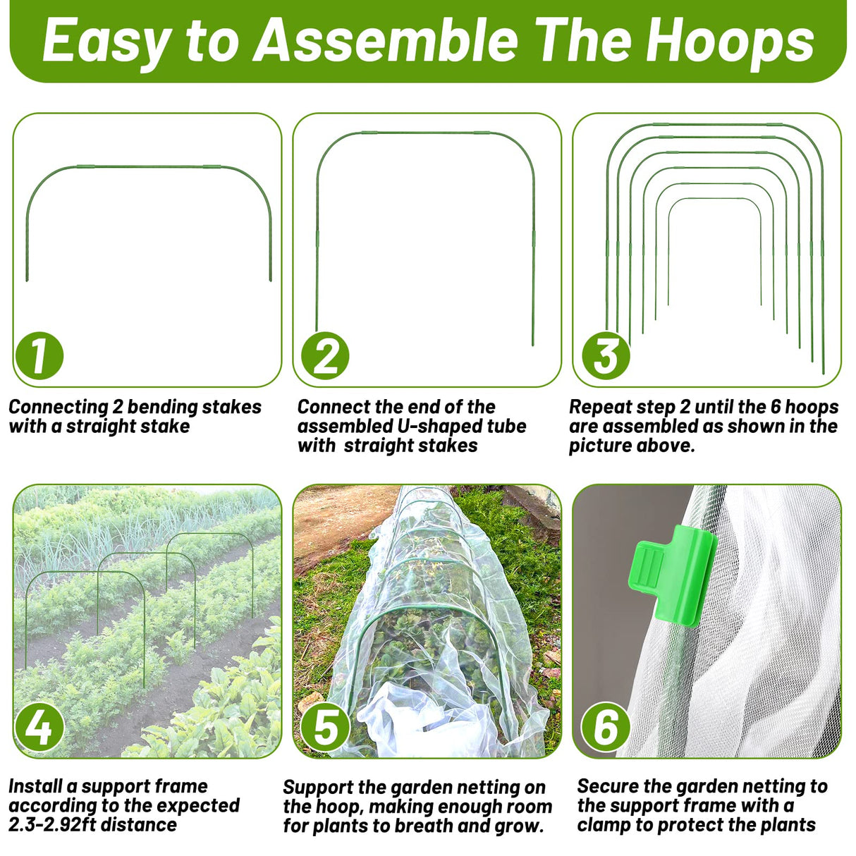 67pcs Garden Mesh Netting Kit, 6 Sets Wide Garden Hoops with Garden Covers