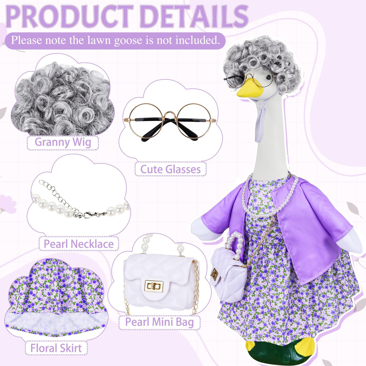 Ueyben Old Lady Porch Goose Outfits, 100 Days Grandma Wigs with Goose Clothes for 23" Lawn Cement Plastic Geese Statues for Garden Yard Holiday Decoration