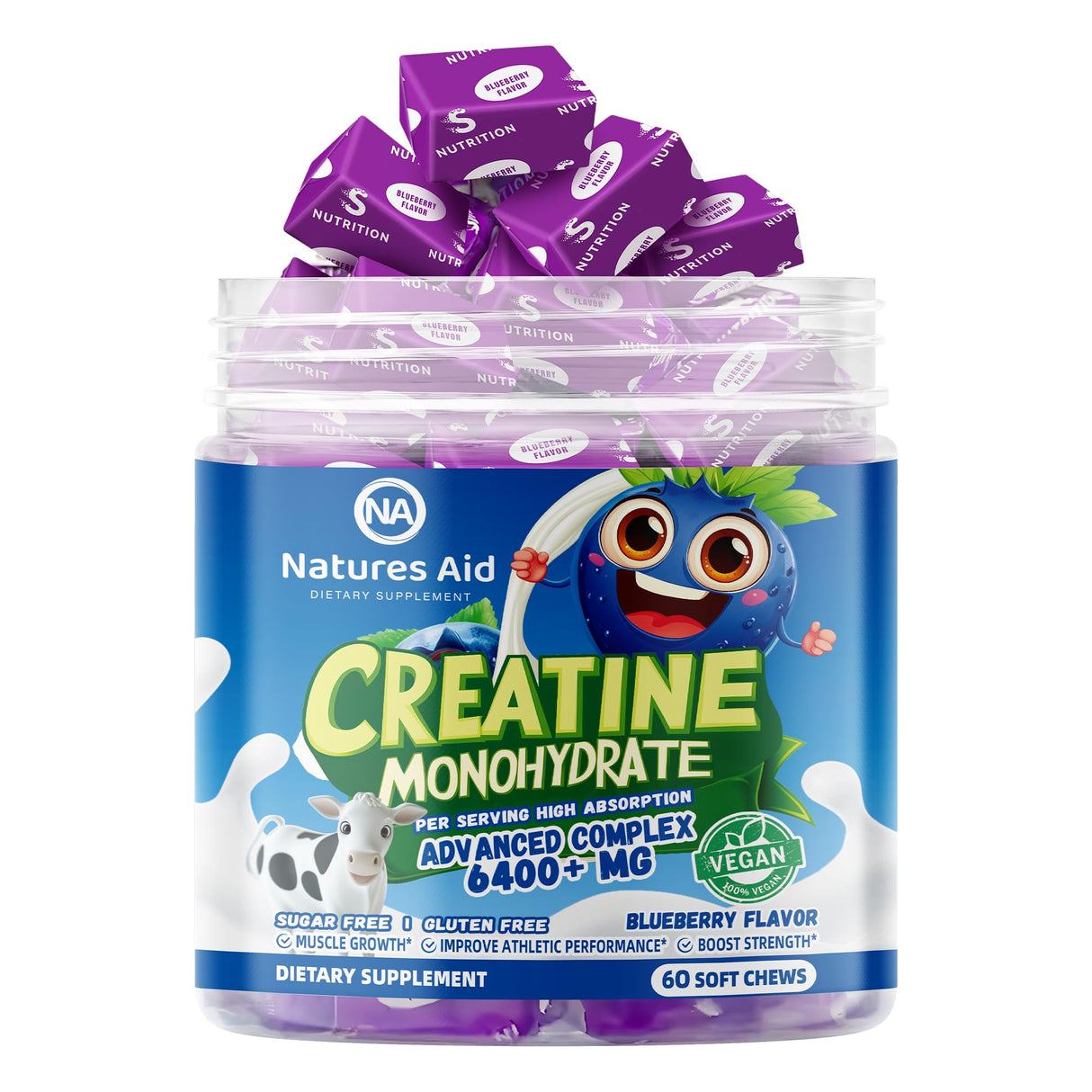 Creatine Monohydrate Chews Complex for Men & Women -Advanced Formula W/L-Taurine + Vitamin B12, Sugar Free Chewable Supplement,60 Blueberry Softchews