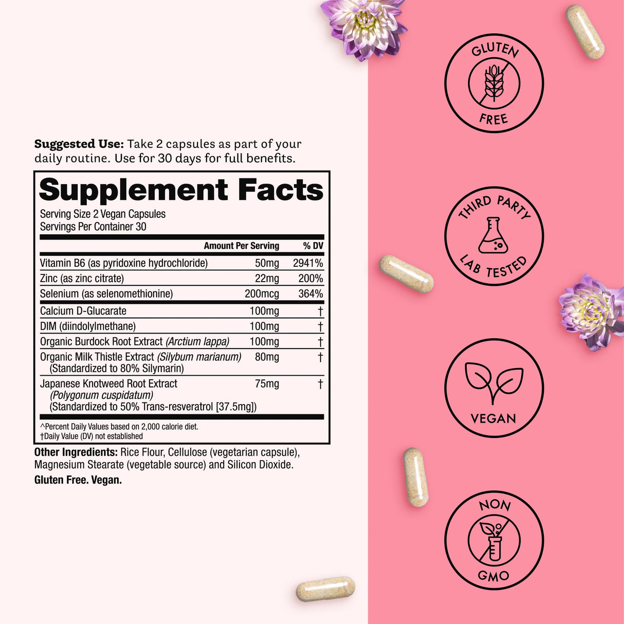 Winged Wellness Balance Babe, Hormone Balance & Estrogen Detox Supplement for Women - 100mg DIM & Calcium D-Glucarate & Milk Thistle for PMS Bloating, Cramps, Mood & Hormonal Acne Support, 60 Capsules