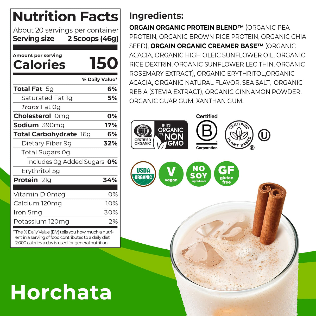 Orgain Organic Vegan Protein Powder, Horchata - 21g of Plant Based Protein, Low Net Carbs, Gluten Free, Lactose Free, No Sugar Added, Soy Free, Kosher, Non-GMO, 2.03 Lb