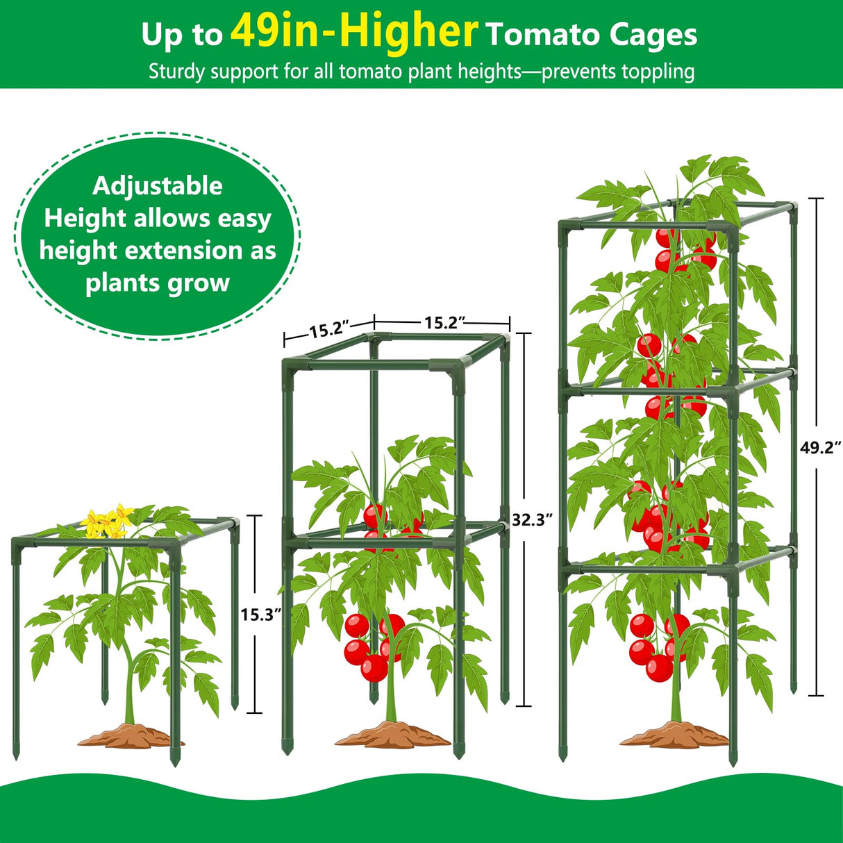 6 Pack 49" Square Tomato Cages, Heavy Duty Steel Tomato Trellis Kit