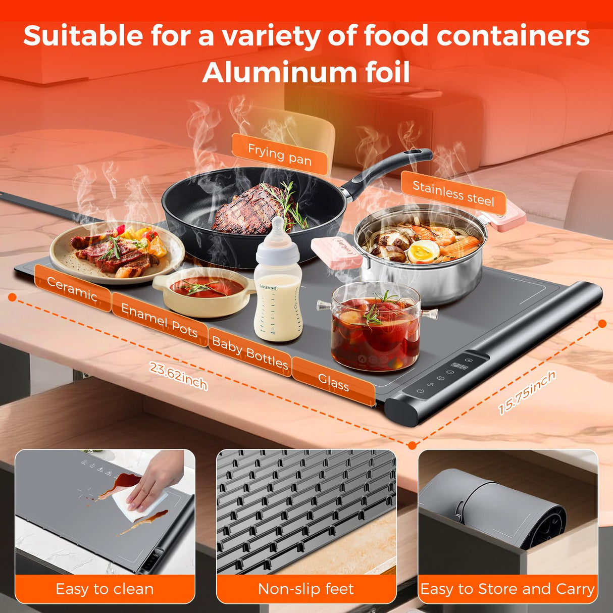 Warming Mat for Food | Max Temp 248℉,Fast Full-Surface Food Warmer with 8-Level Adjustable and Timer,Roll-Up & Portable Silicone Food Heating Pad with Child Lock,Electric Warming Tray for Buffet Party