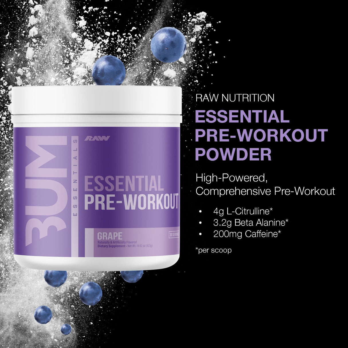 RAW Essential Pre-Workout Powder (Grape) - Chris Bumstead Sports Nutrition Supplement for Men & Women - Preworkout Energy Powder with Caffeine, L-Citrulline, L-Tyrosine, & Beta Alanine Blend
