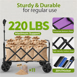 Aimnny Purple Small Collapsible Wagon Cart, Lightweight Folding Utility Cart with Wheels, 220lbs Capacity Portable Grocery Cart for Sporting Events, Garden, Shopping (Purple)