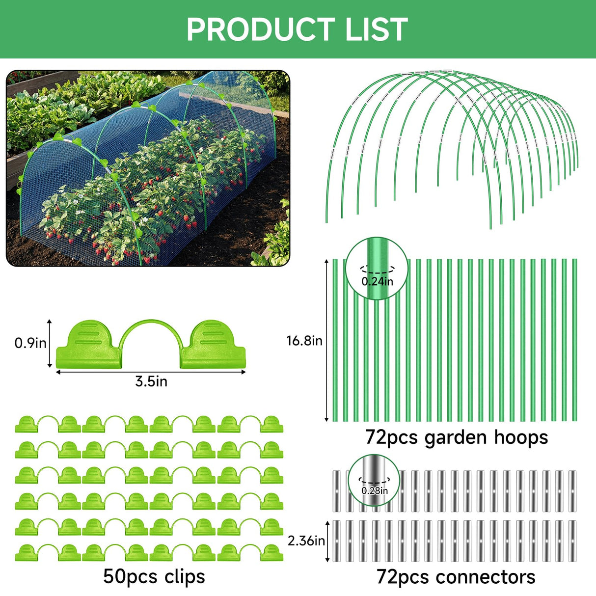 72 Pieces Garden Hoops for Raised Beds Fiberglass Support Greenhouse Hoops