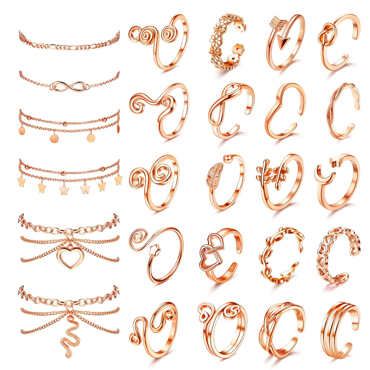 ORAZIO Toe Rings and Ankle Bracelets for Women Rose Gold Plated Anklet Toe Rings Cute Layered Anklets Open Tail Ring Adjustable Beach Foot Jewelry for Summer, Rose Gold