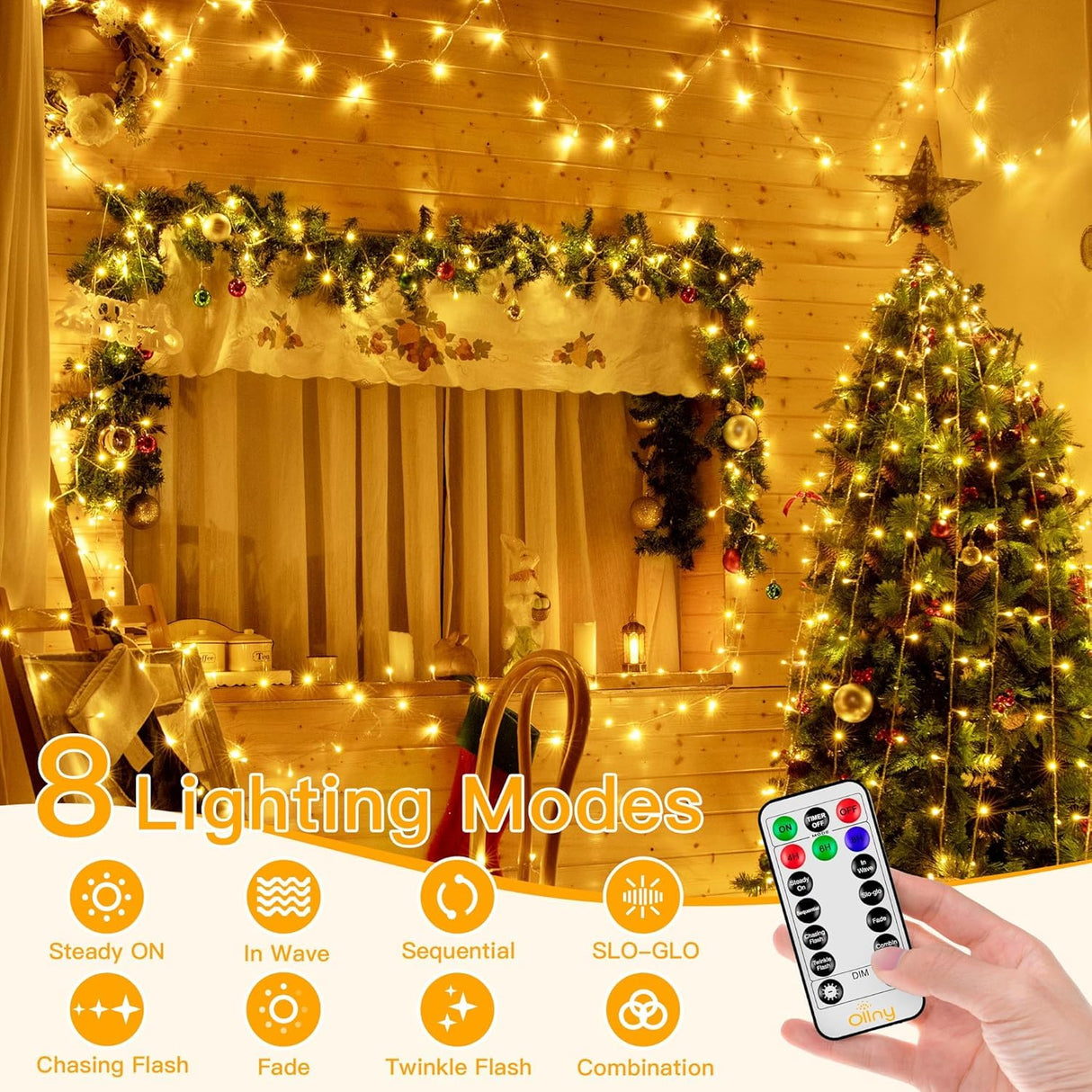 Ollny Christmas Lights Outdoor 400LED 131FT, Warm White Fairy Lights with Remote 3 Timer, Plug in 8 Modes String Lights for Bedroom Indoor Outside House Party Xmas Decorations