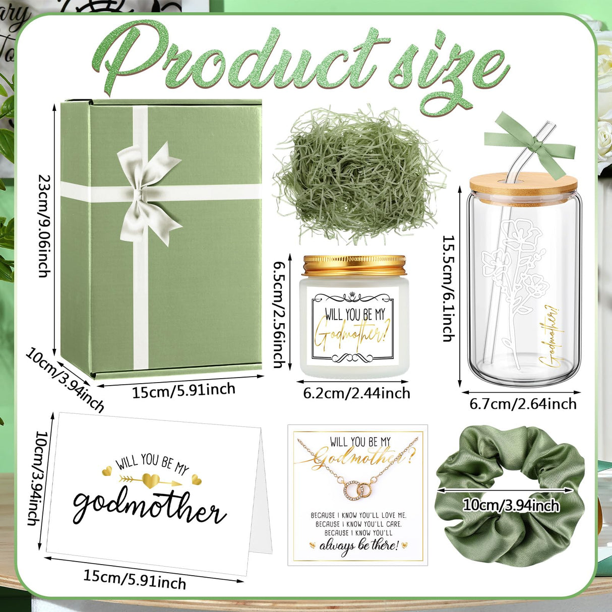 Singhoow 6 Pcs Godmother Proposal Gift Set Will You Be My Godmother 16oz Glass Cup Necklace Scented Candle Gift Box from Godchild for Mother's Dayy Christmas Birthday Baptism(Sage Green)