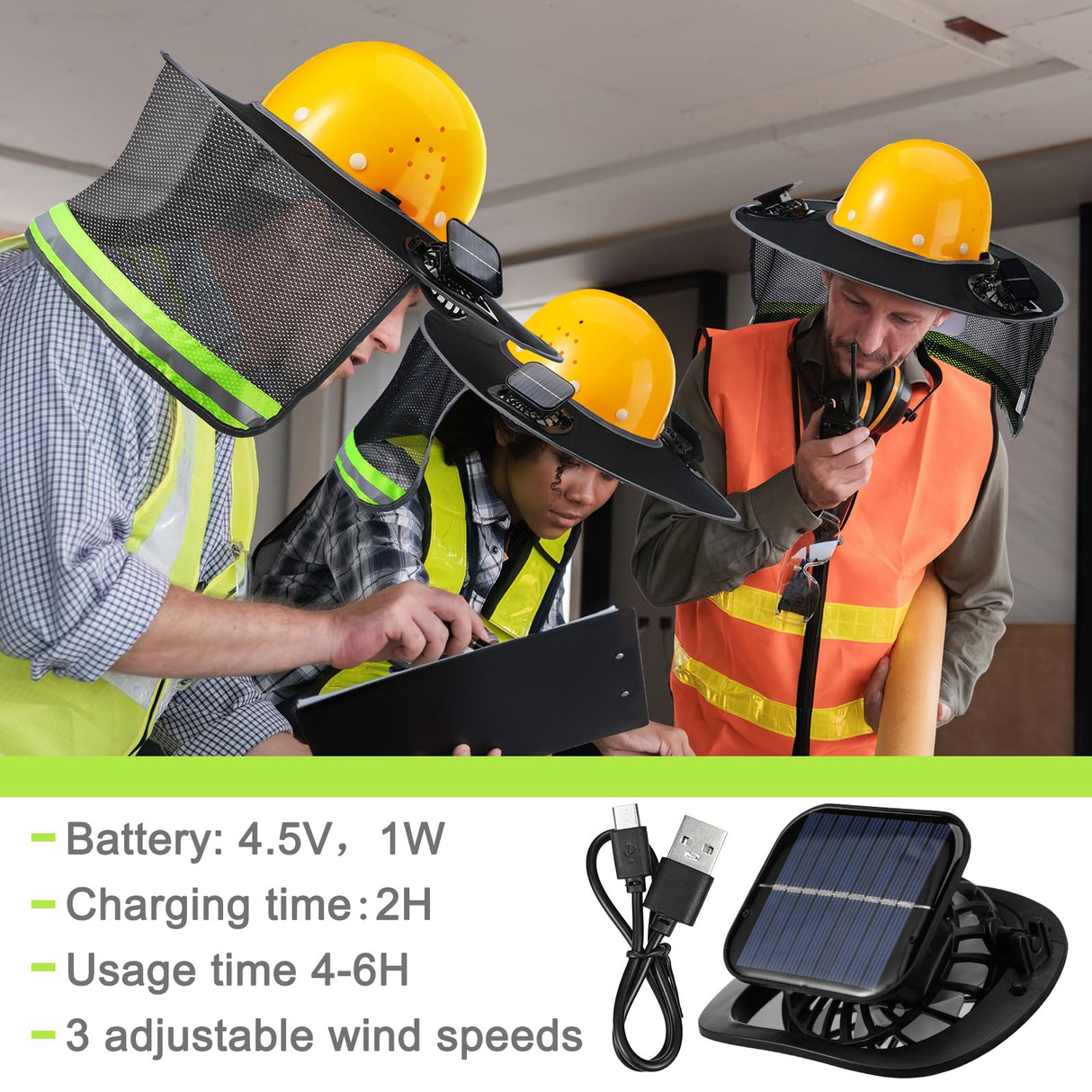 Croknit 2 Pcs Sun Hard Hat Neck Shield Shade Full Brim Hard Hat with Solar Fan Hardhat Sun Shield Visor with High Visibility for Construction Helmet Hardhat Accessories, Reflective(Black)