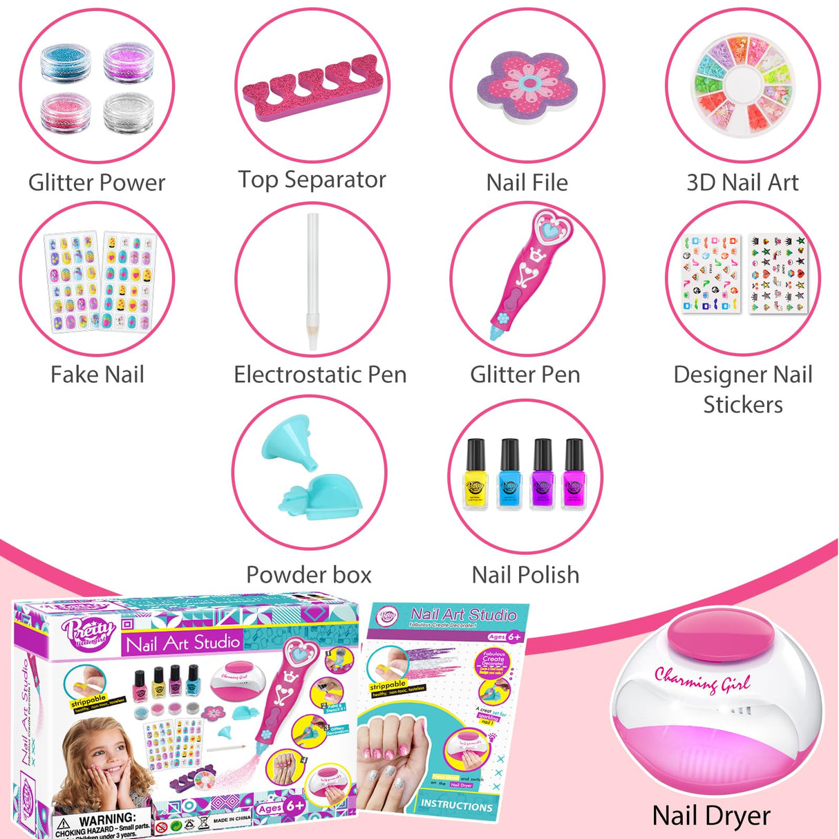 BATTOP Kids Nail Polish Set for Girls, Nail Art Kits with Nail Dryer & Glitter Pen, Quick Dry & Peel Off & Non-Toxic Nail Polish, Christmas Birthday Gifts for Girls Ages 6 7 8 9 10 11 12