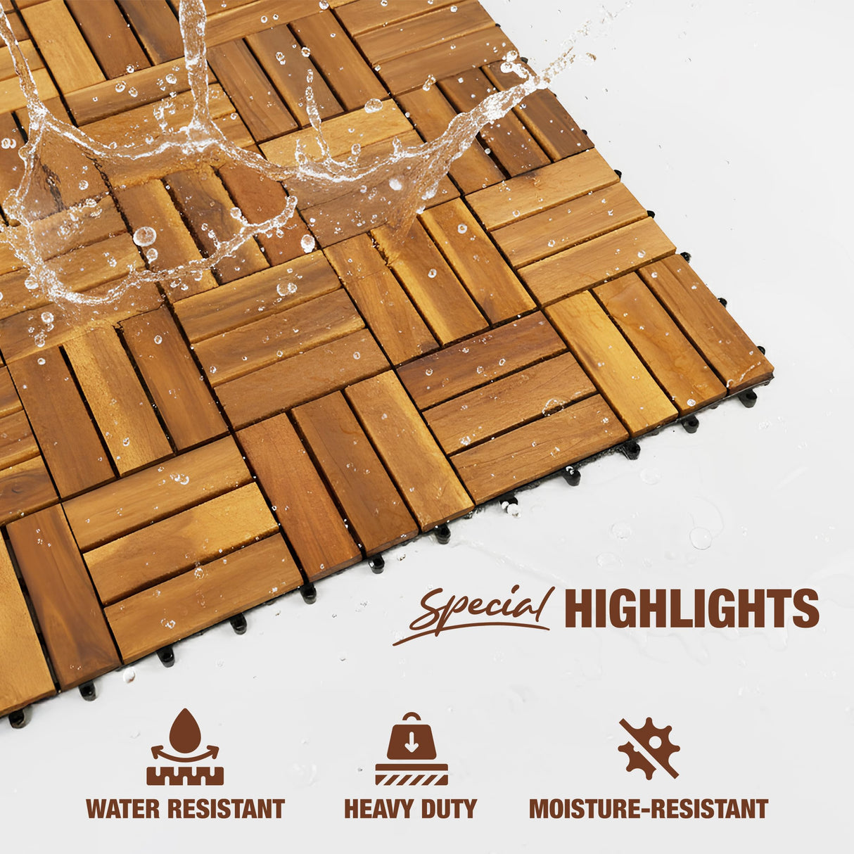 GREEN ALLUVIUM Premium Acacia Wood Interlocking Deck Tiles, 9 PCS 12"x12"x0.9" Patio Flooring, Waterproof Decking Tiles for Balcony, Backyard & Patio, All Weather Use (Golden Teak - Crossed Pattern)