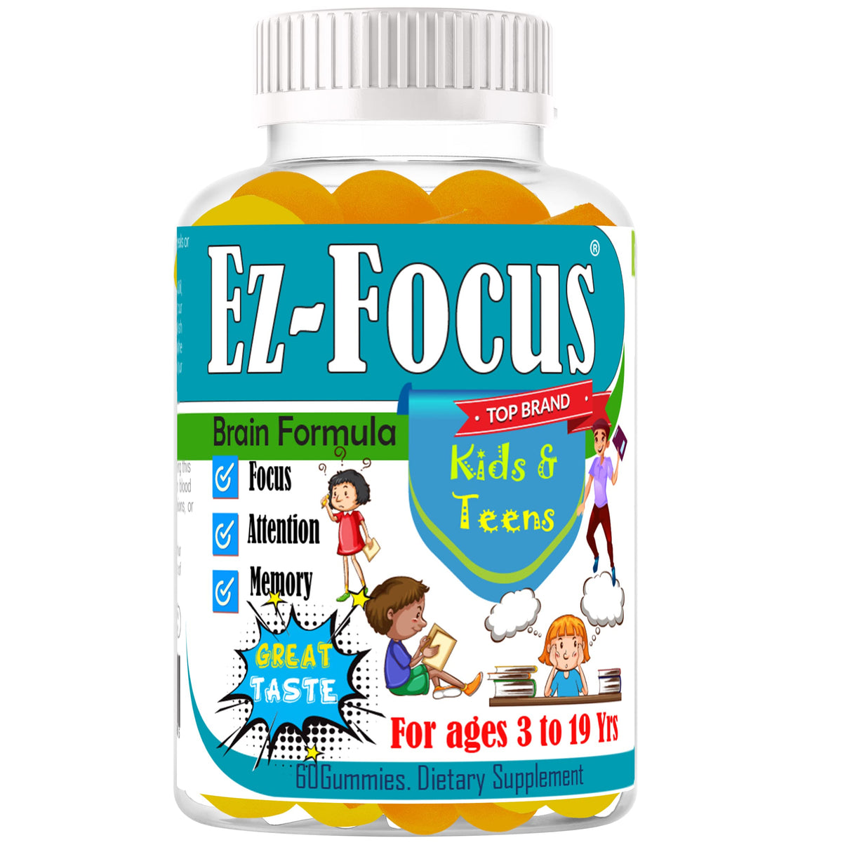 Ez Focus Gummies for Kids Brain Focus Support Chewable Focus Kids Vitamins Attention Supplement for Kids Children and Teens Kids Gummies for Focus Calming Natural Omegas DHA School Study Task