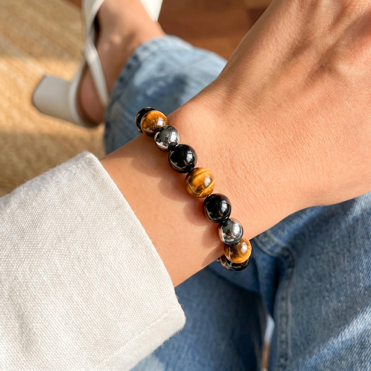 Conscious Items Triple Protection Bracelet, Tigers Eye, Hematite Stone, & Black Obsidian Bracelet, Spiritual Stone Bracelets for Women & Men, 7.87 in
