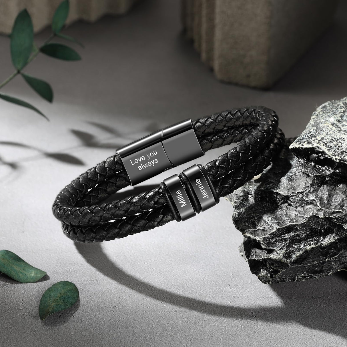 Aiemghsde Personalized Custom Name Bracelets for Men - Mens Leather Bracelet with 2-6 Family Names,Customized Bracelet Father's Day Dad Gifts for Husband Son (2 Names)
