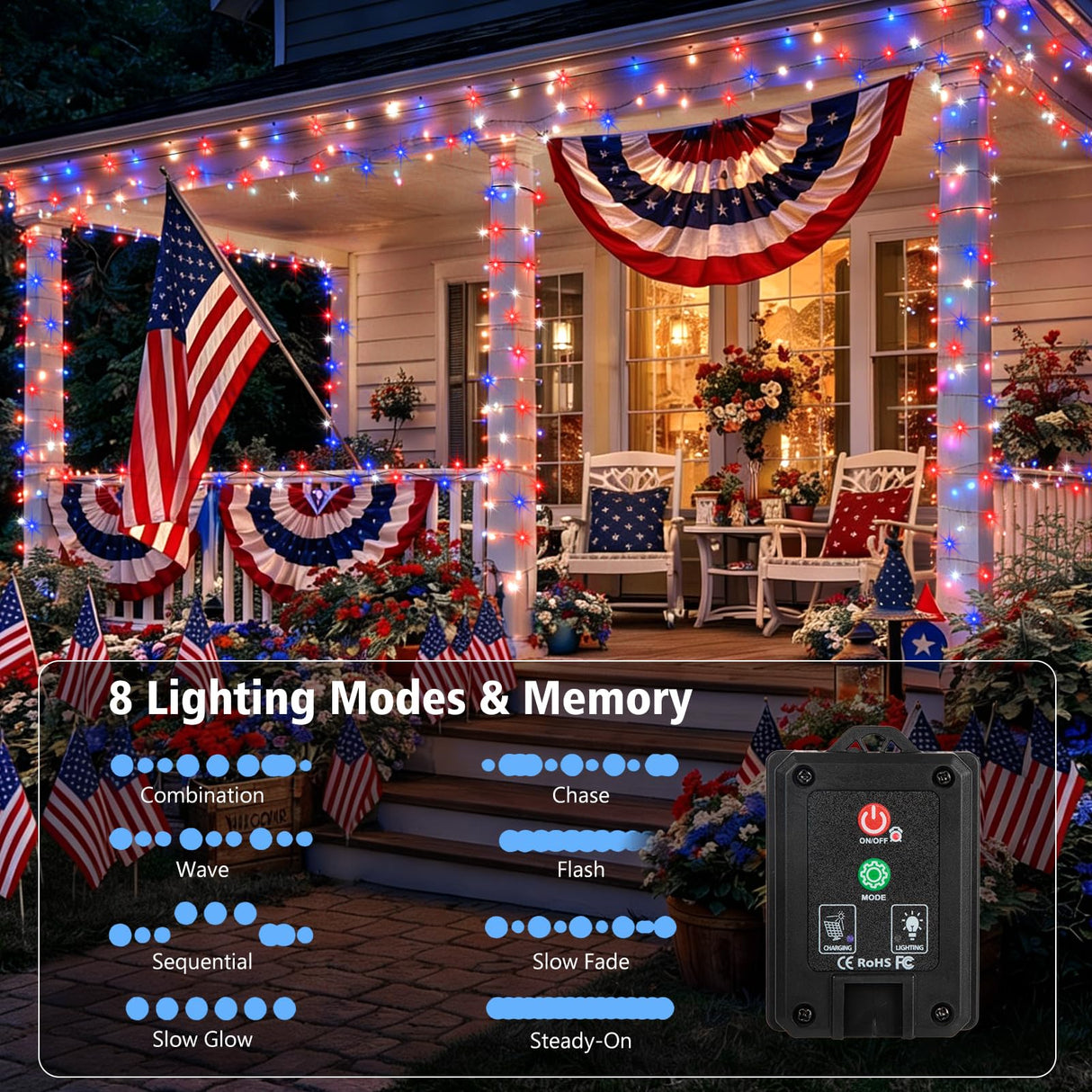 Danhh 4 Pack Red White and Blue Solar Fairy Lights, 131ft 400LED 4th of July Solar String Lights Waterproof with 8 Modes, Green Wire Outdoor Patriotic Lights for Memorial Day Independence Day Decor
