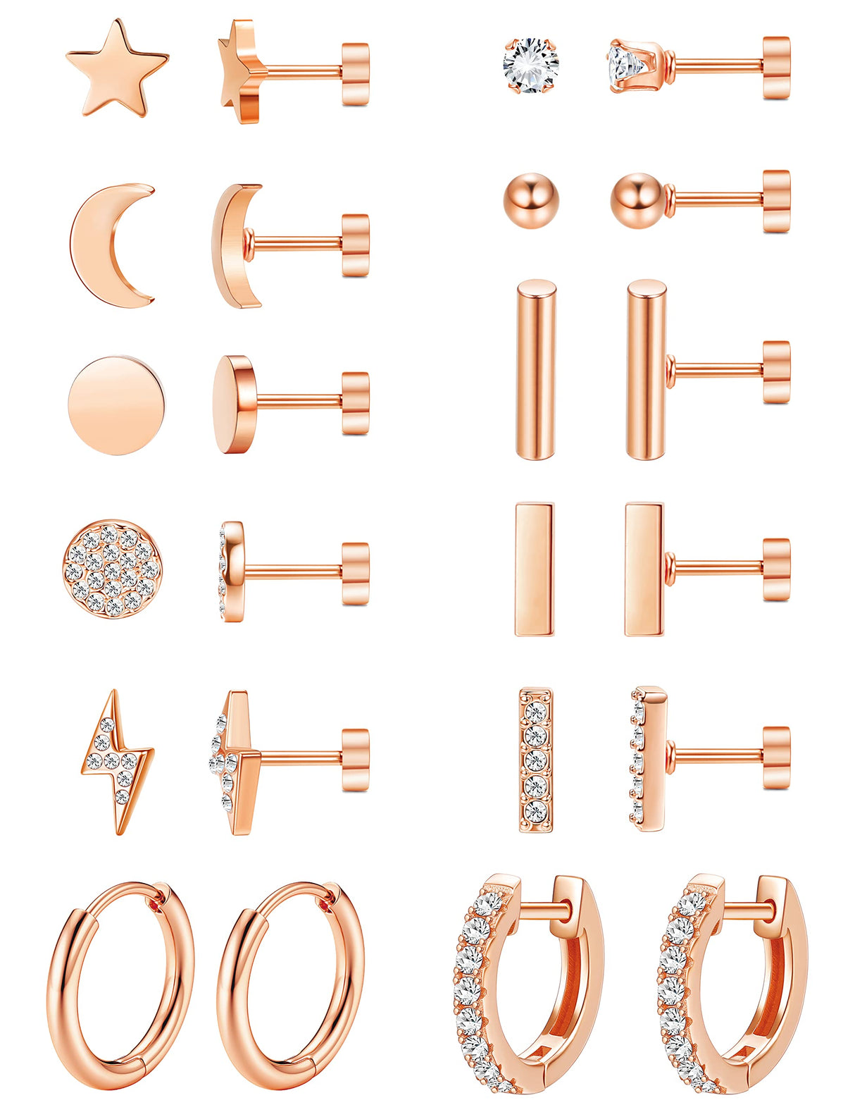 FASACCO 10Pairs Flat Back Earrings for Women Men - Hypoallergenic 14K Gold Plated Stainless Steel Flatback Stud Small Huggie Hoop Earrings 20G Tiny Gold Stud Earring Sets for Multiple PIercing Rose