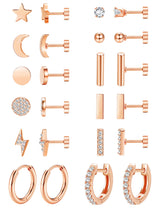 FASACCO 10Pairs Flat Back Earrings for Women Men - Hypoallergenic 14K Gold Plated Stainless Steel Flatback Stud Small Huggie Hoop Earrings 20G Tiny Gold Stud Earring Sets for Multiple PIercing Rose
