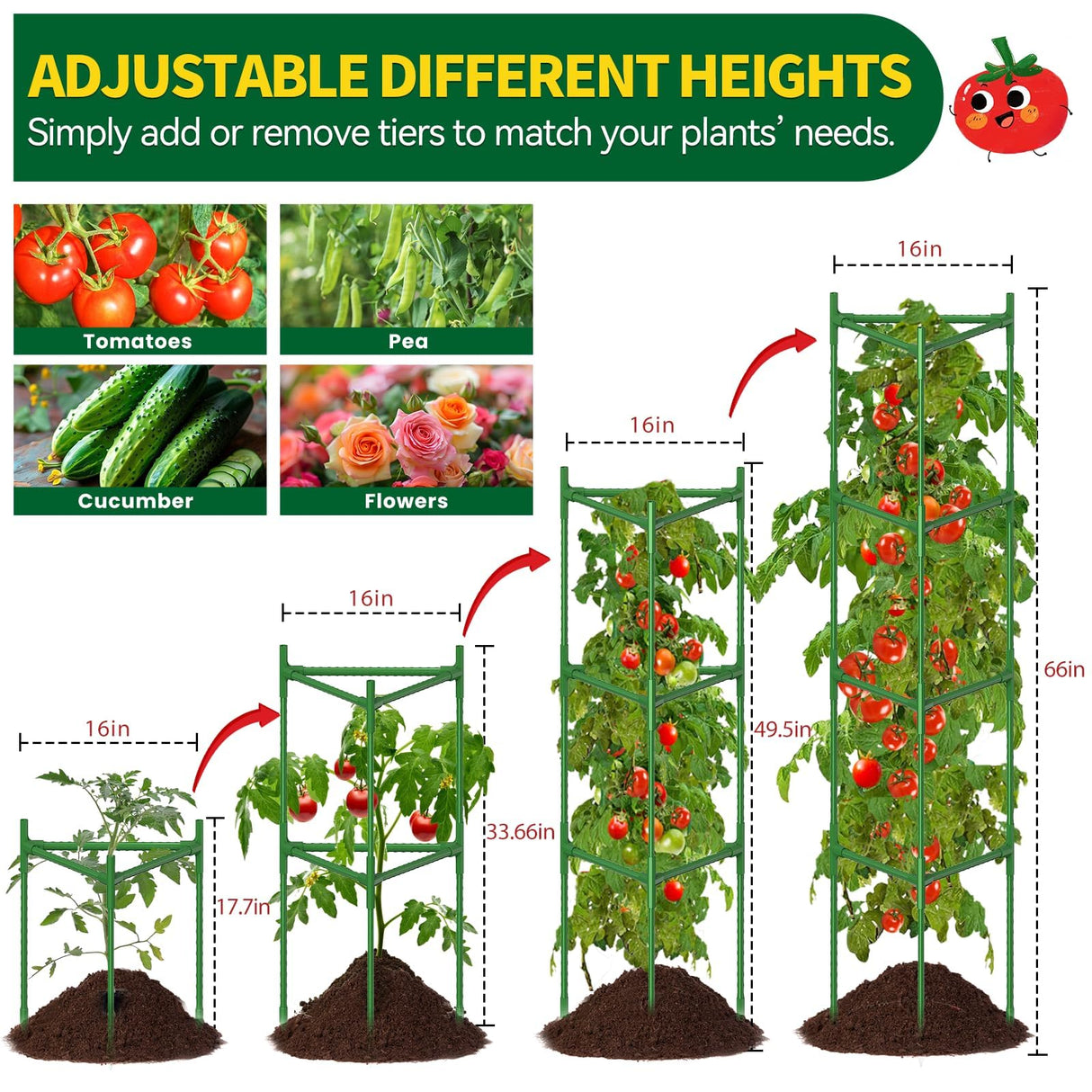 6 Pack Large Tomato Cage for Garden Up to 49" H X 16" W Metal Plant Support Stakes with Clips Triangle Pea Cages Cucumber Trellis for Vegetables Pots Vines Flowers Climbing Plants