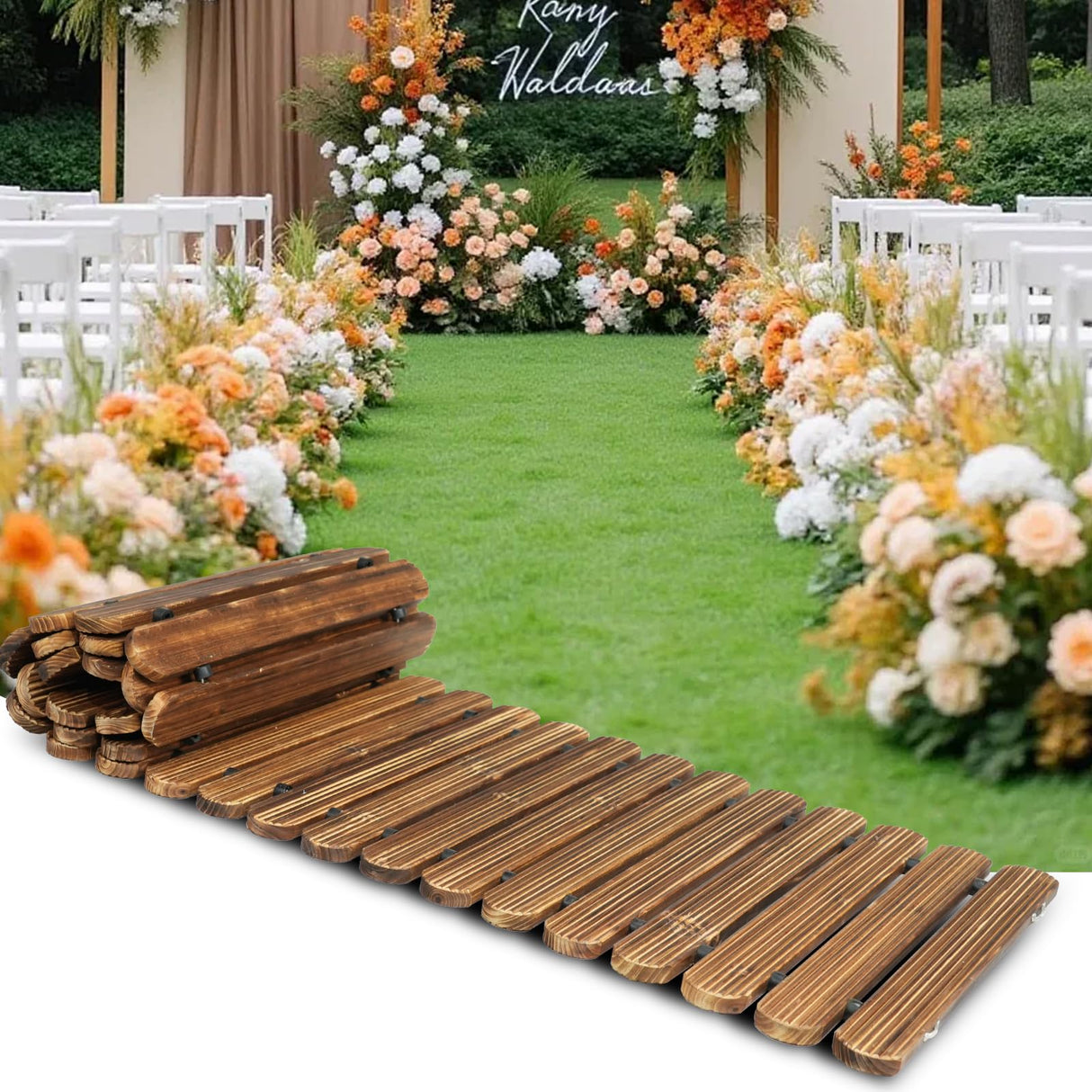 6 FT Roll Out Garden Pathway Straight - Non-Slip Wooden Walkway with Rounded Edges, Instant Outdoor Decoration