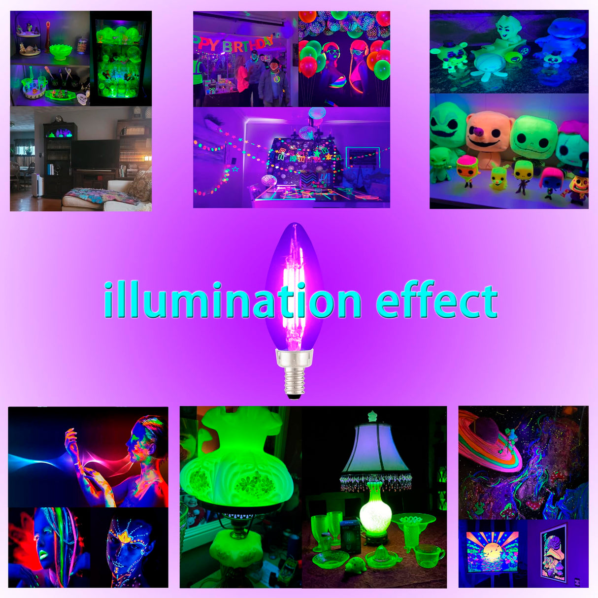 TITO 6 Pack E12 B11 Filament LED Candle Black Light Bulbs, UVA 395nm 4.5W Candelabra Black Light Bulb, 60W Blacklight Bulb Equivalent, Glow in Dark Halloween Christmas Party Fluorescent Posters Decor