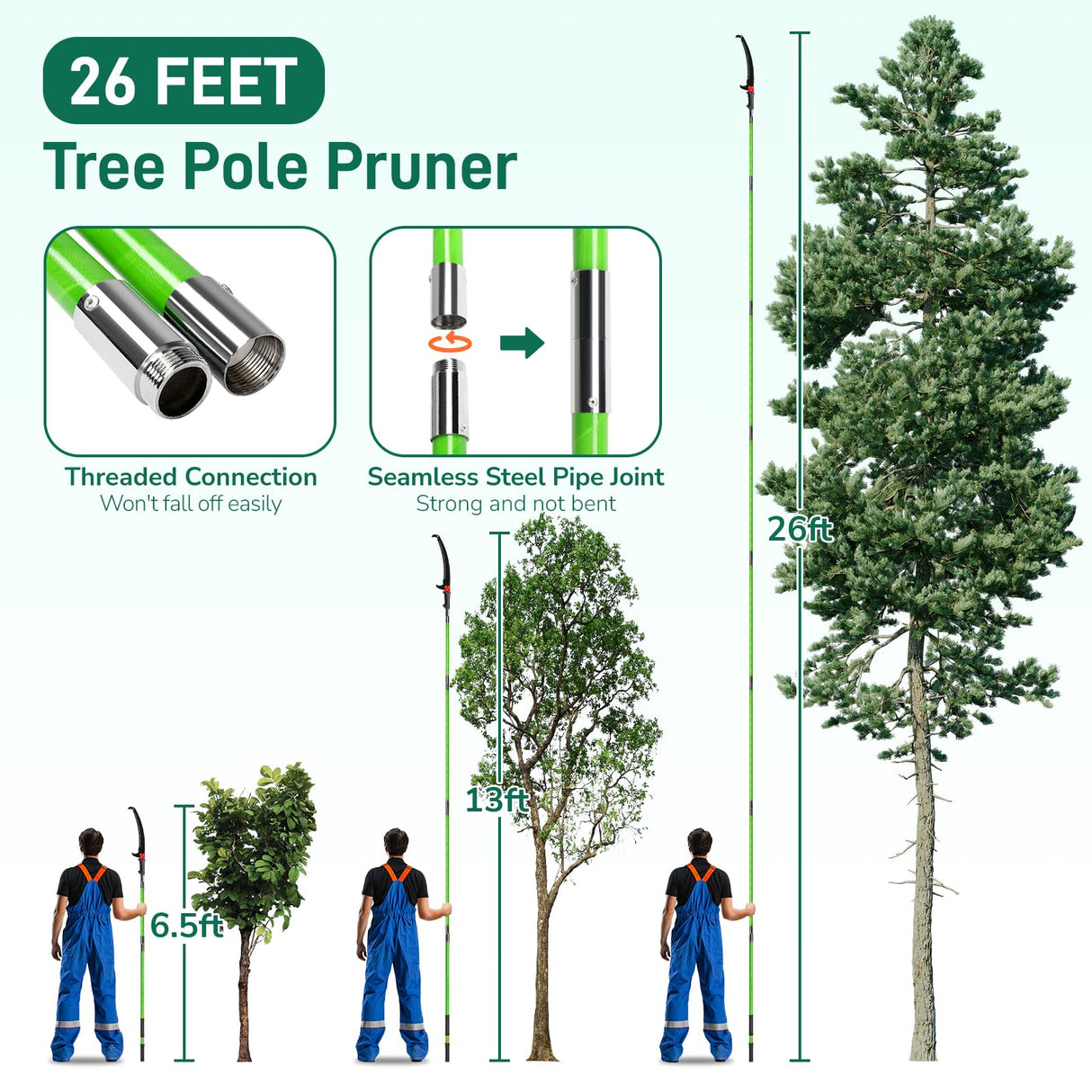 VINGLI 26FT Manual Pole Saw for Tree Trimming, Extendable Tree Pruner, Sharp Steel Blade and Scissors, High Tree Branch Cutter with Lightweight 8 Fiberglass Long Handles, for Pruning Palms and Shrubs