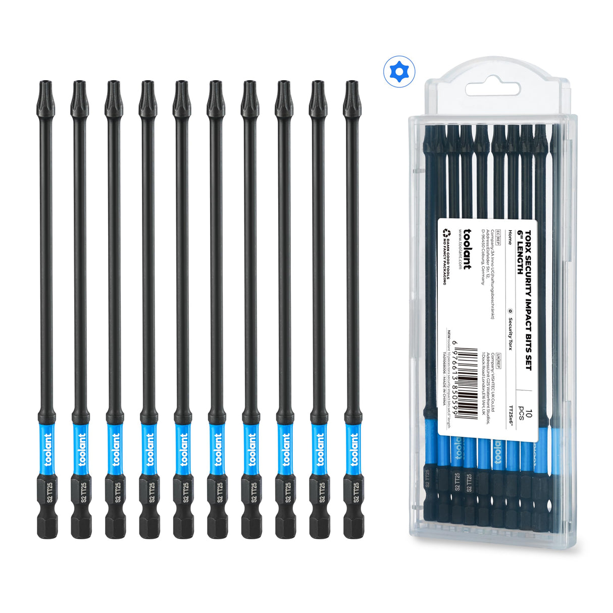 toolant Impact Torx Bit Set 10pcs (TT25), 1/4 Hex-Shank S2 Steel Security Torx Bit Set, Tamper Proof Star Bit Set with CNC Machined Tips, 6" Long with Magnetic Impact Bit Holder and Storage Box