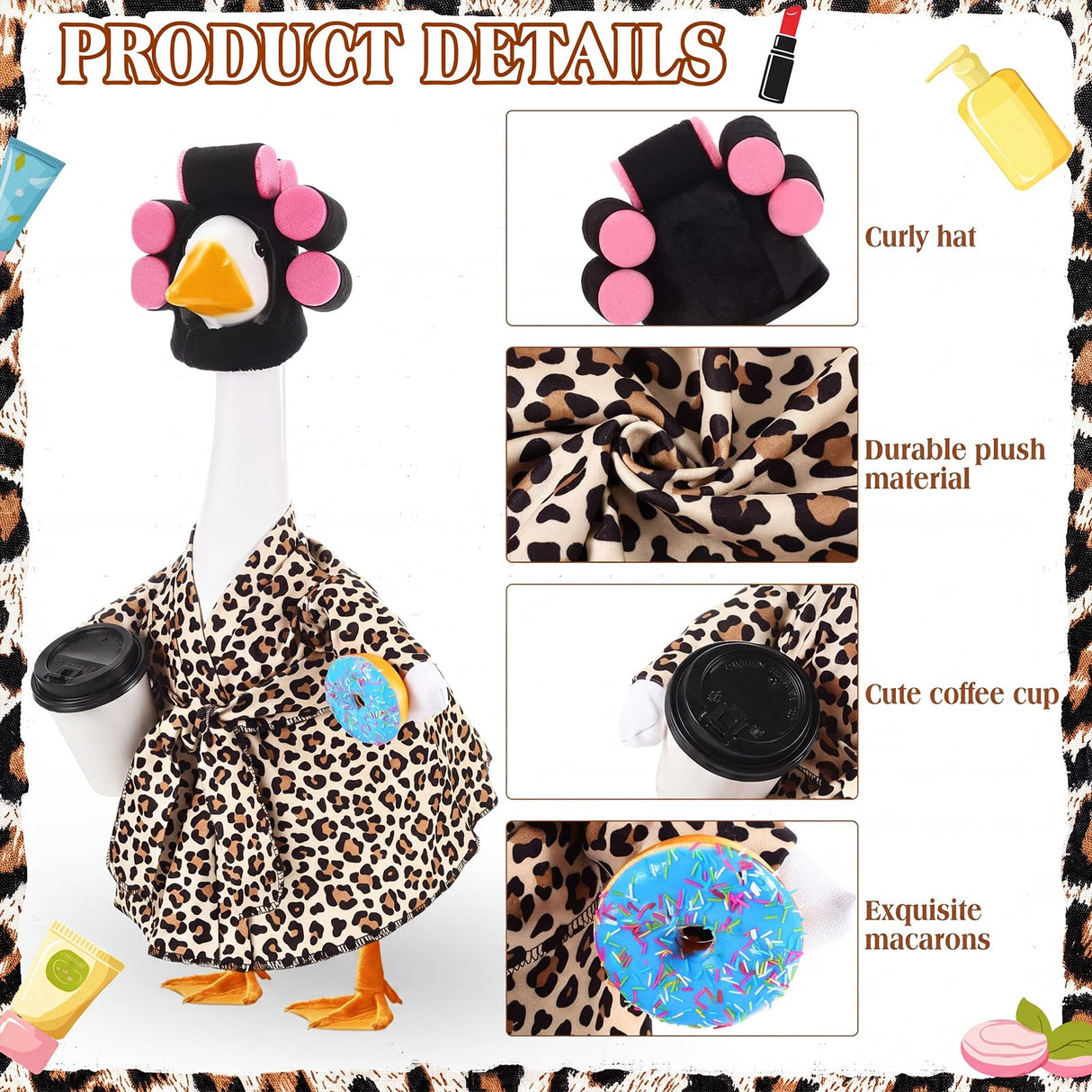 Shyyween Lady Porch Goose Outfit Leopard Print Bathrobe Goose Clothes with Curlers Coffee Cup for 23 Inch Cement/ Plastic Statue Outdoor Garden Yard Lawn Decoration