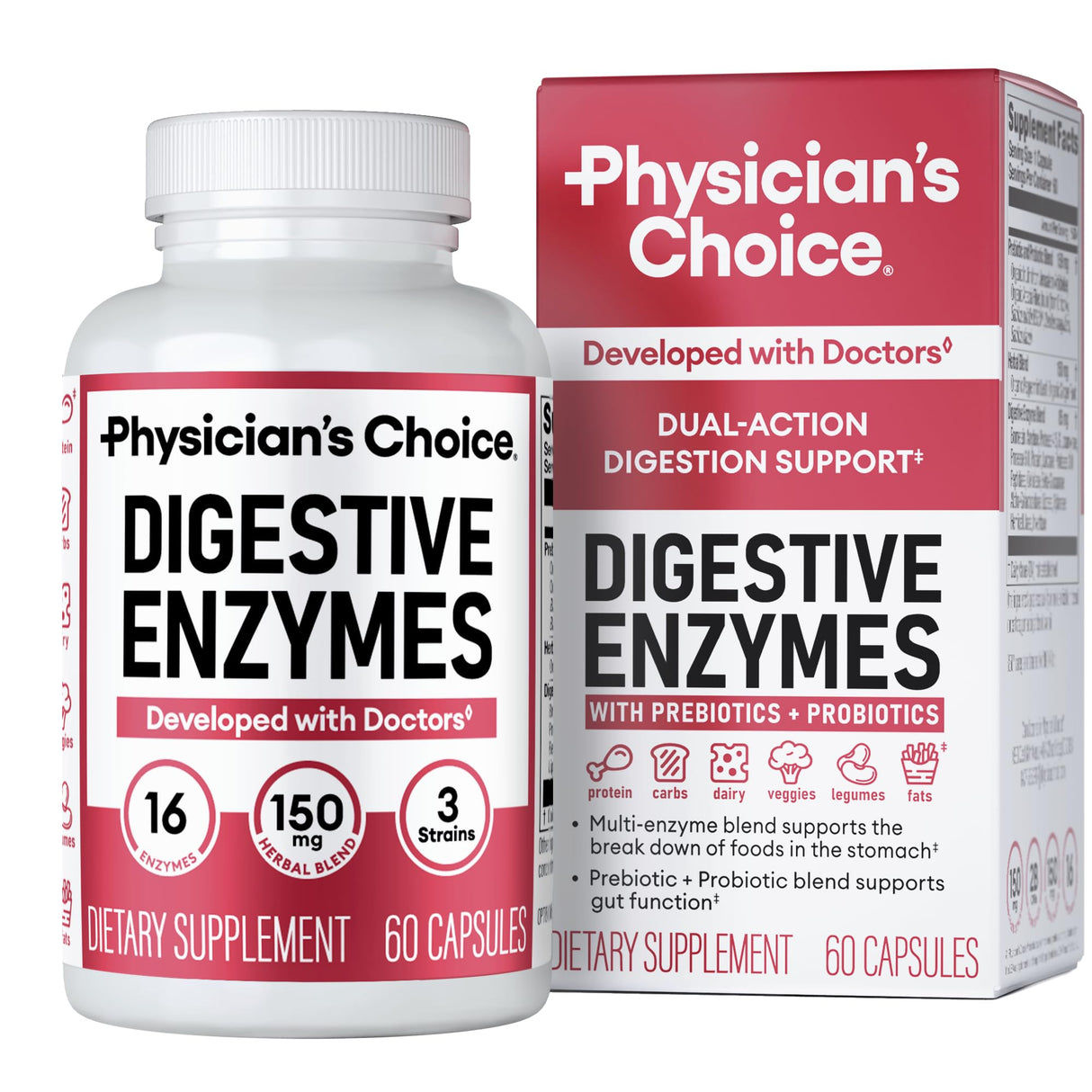 Physician's CHOICE Digestive Enzymes - Multi Enzymes, Organic Prebiotics & Probiotics for Digestive Health & Gut Health - Meal Time Discomfort Relief & Bloating - Dual Action Approach - 60 CT