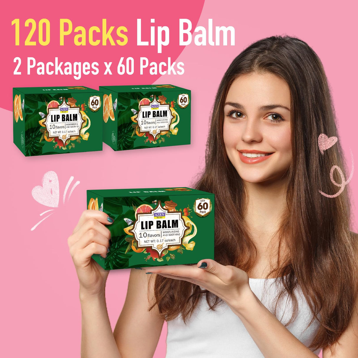 AZEN 120 Pack Lip Balm, Natural Lip Balm Bulk, Lip Care Product, Christmas Stocking Stuffers, Christmas Gifts for Women Girls - 10 Flavors