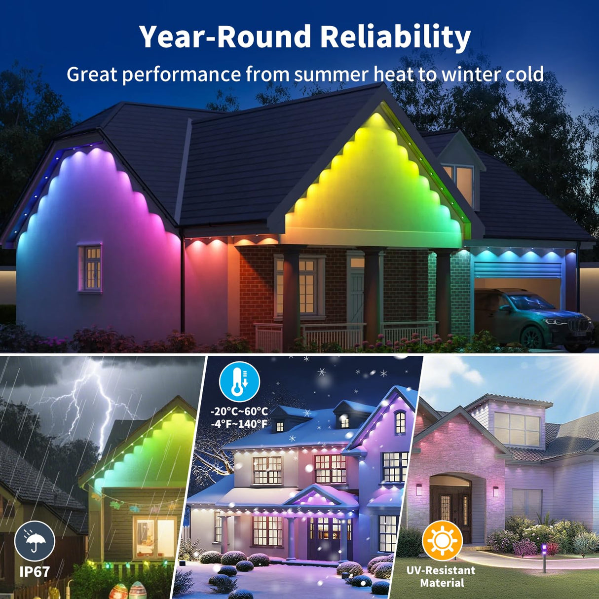 XINKAITE 300FT Permanent Outdoor Lights with 150 LEDs - Smart RGB+IC with 16 Million Colors, IP67 Waterproof, App & Remote Control, Hundreds of Modes for Holidays, Christmas & Home(2 Rolls 150FT)