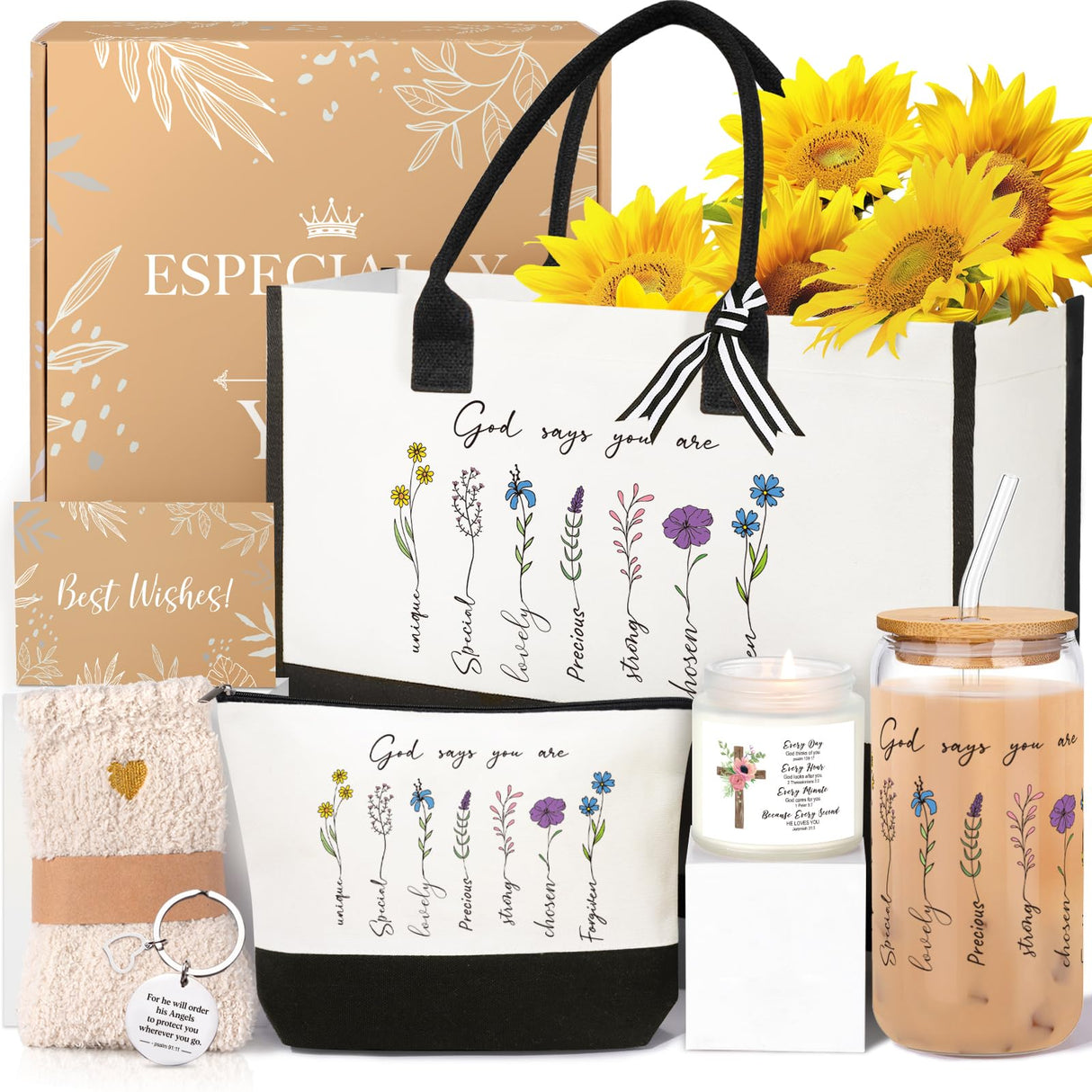 Christian Gifts for Women Faith, Inspirational Religious Gifts for Women Mom Grandma Sister Friends Encouragement Gift Basket with Canvas Tote Bag 16oz Can Glass, Unique Birthday Christmas Gift Ideas