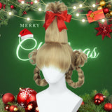 Blonde Braided Wig with Red-bow Earrings for Women Christmas Cindy Wig with Accessories for Halloween Christmas Costume Party