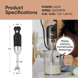TK Tartle Kitchen Handheld Immersion Blender 220W - 7” Stainless Steel with 8 Speeds - 110V + 1-Yr Coverage and 24/7 Pro Chef Support