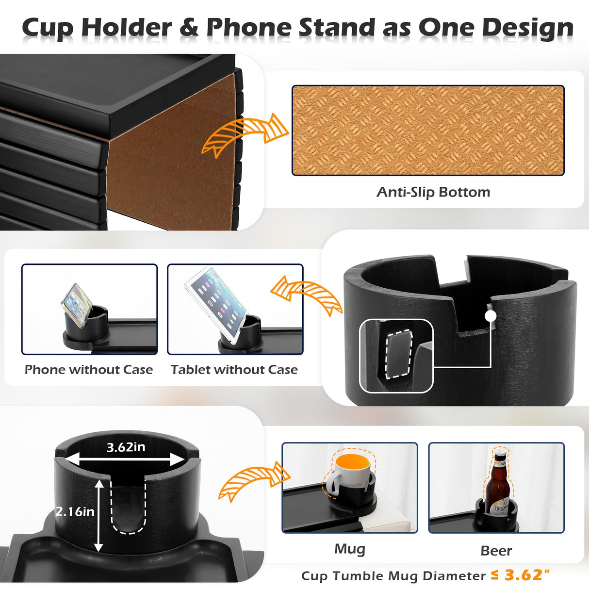 BAMBOOTRAY Couch Cup Holder Tray, 3 in 1 Large Couch Arm Table,Bamboo Sofa Clip on Tray Table with 360° Ratated Phone Holder for Couch,Armrest Tray for Drink,Snacks,Remote,Phone