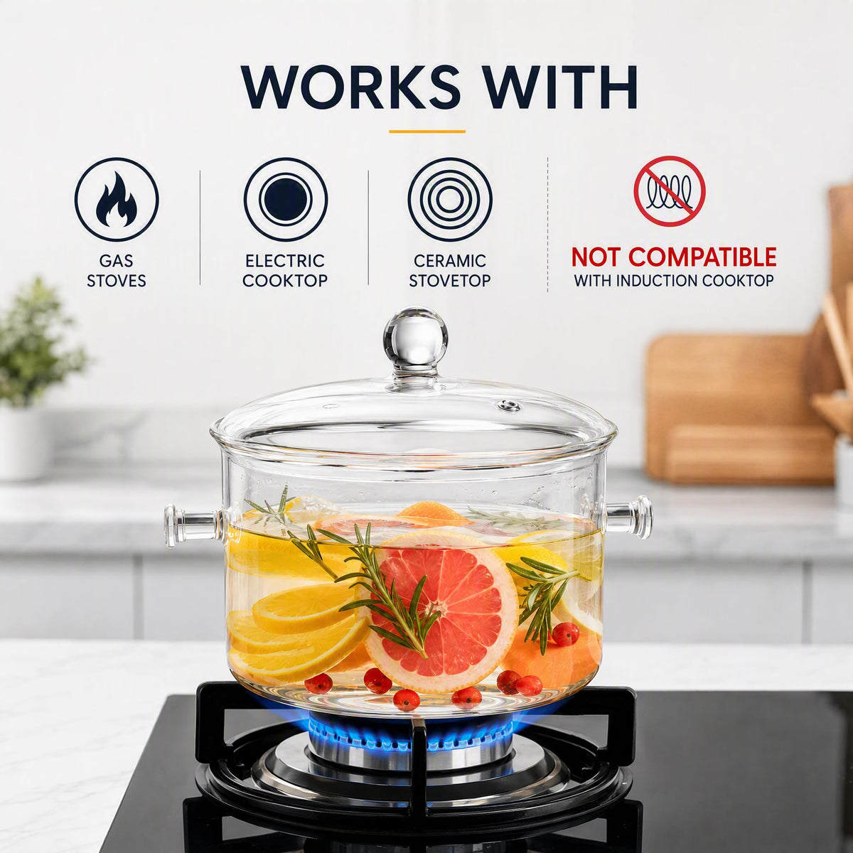 Jucoan 1.5L/50oz Glass Saucepan with Cover, Heat Resistant Stovetop Glass Cooking Pot with Lid for Pasta Noodle, Soup, Milk, Clear Simmer Pot for Potpourri Christmas Holiday Home Fragrance
