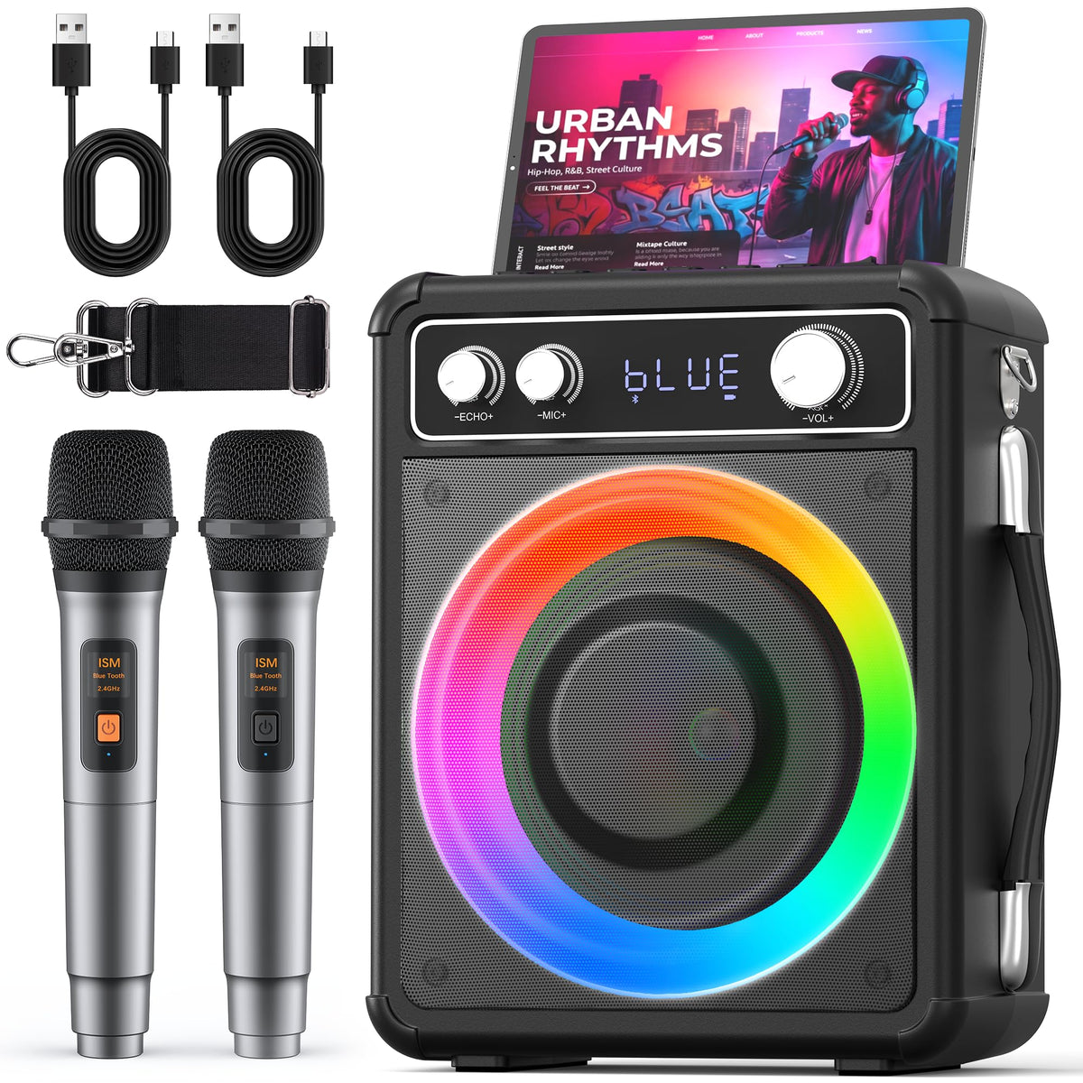 VOSOCO Karaoke Machine, Bluetooth Speaker with 2 Wireless Mics for Adults