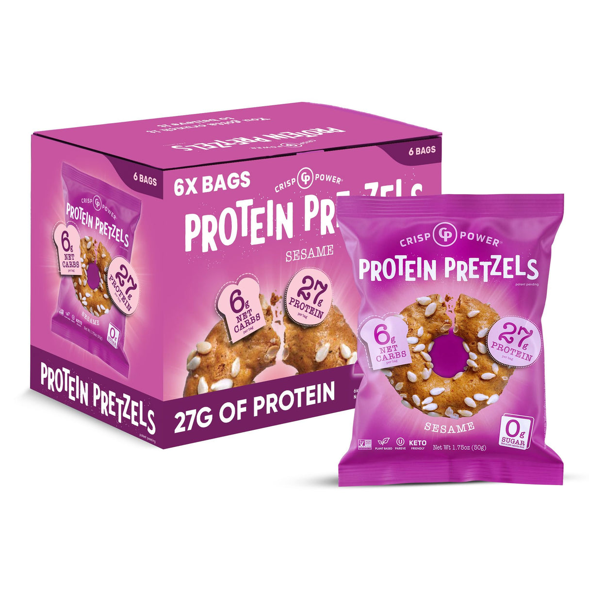 Crisp Power Protein Pretzels, Sesame, High Protein Vegan Keto Snack, 27 G Plant Based Protein, Low Carb Crunchy Pretzel Snacks, Sugar Free, No Seed Oils, 1.75 oz Bags, 6 Pack