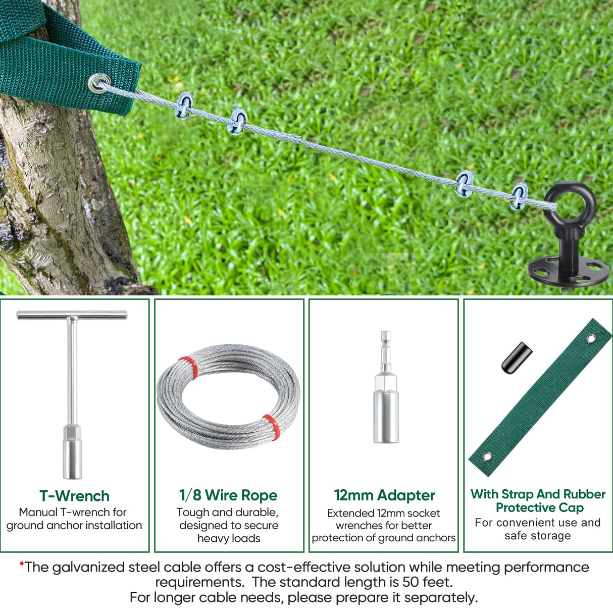 Ciyivak 18'' Ground Anchors Screw in Heavy Duty, Shed Anchor Kit with Straps & Steel Cable & Tools, Earth Anchors for Mobile Home, Carports, Swing Set, Tree, Trampoline - Secure Against High Winds(4)