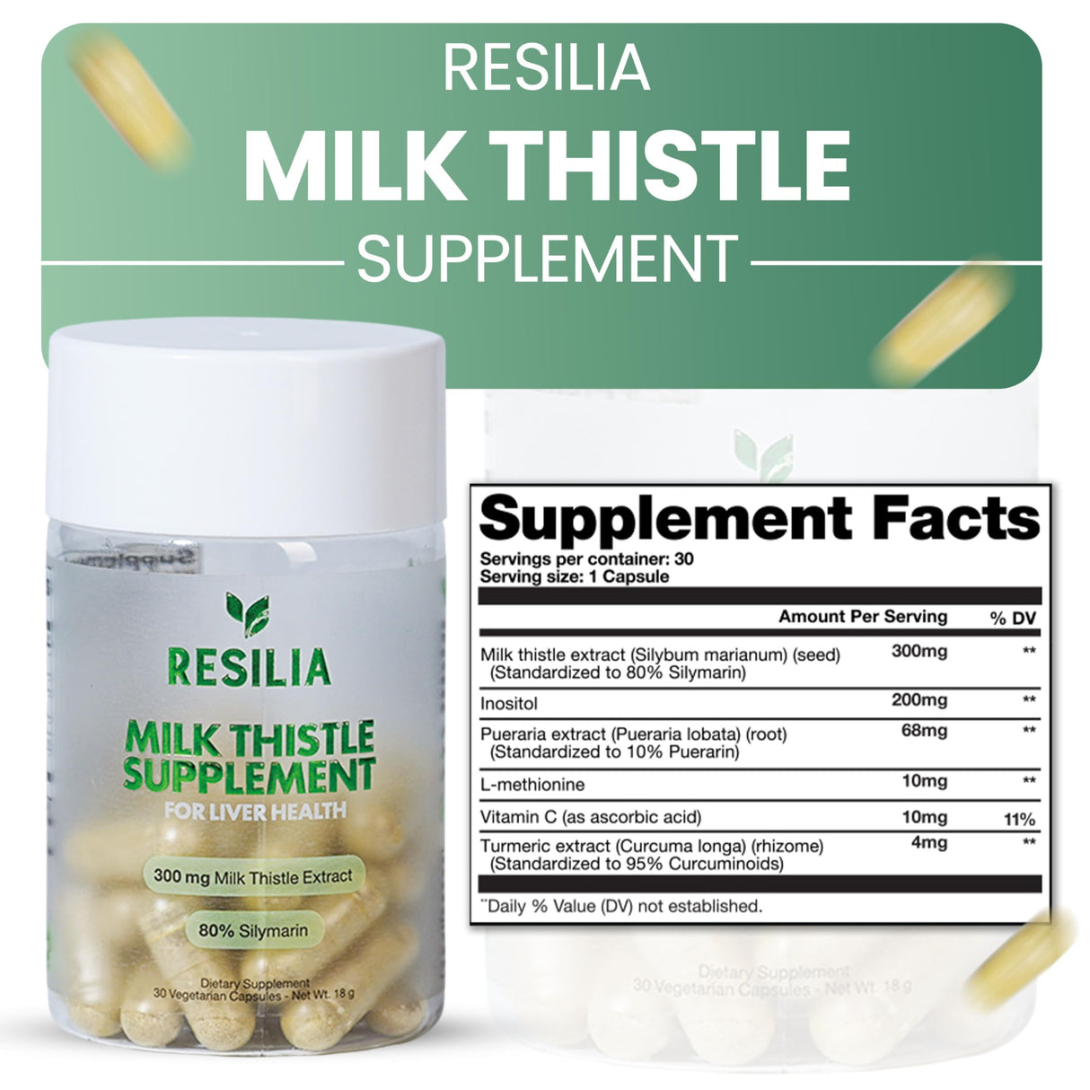 Resilia Milk Thistle Silymarin – 300 mg Supplement with Dandelion, Vitamin C, Inositol, Pueraria Root & Turmeric Extract, Antioxidant-Focused Plant Formula, 30 Vegetarian Capsules