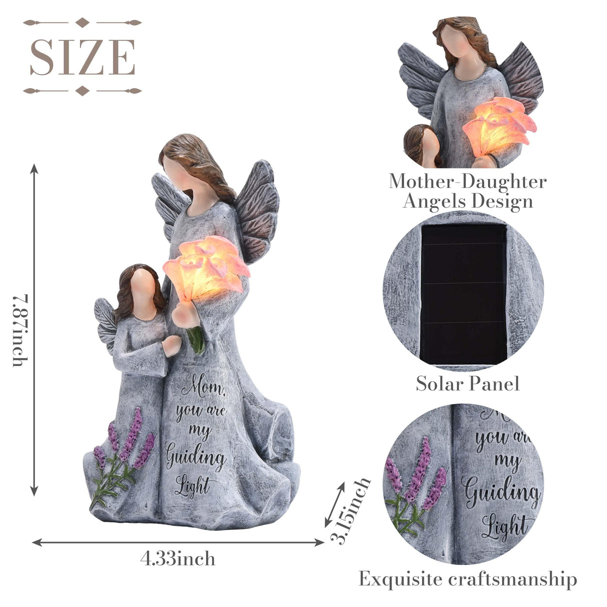 TERESA'S COLLECTIONS Mother & Daughter Solar Angel Statue, Birthday & Memorial Gifts for Mom from Daughter, Snuggle Angels Outdoor Figurines for Garden Yard, 8 Inch
