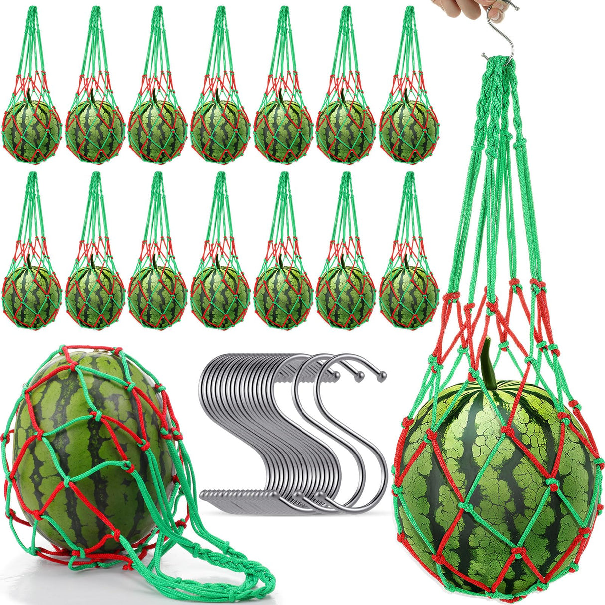 Irenare 15 Pack Melon Hammocks Cradles with S Hanging Hooks Heavy Duty Watermelon Hammock Net to Prevent Falling for Growing Cantaloupe Pumpkin Watermelon in Vertical Garden (Red,Green)