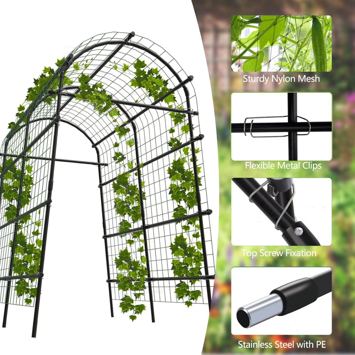 Metal Garden Arch Trellis, 7.6Ft Black for Raised Beds, Plant Support for Cucumbers & Climbing Vegetables with 9 Horizontal Pipe