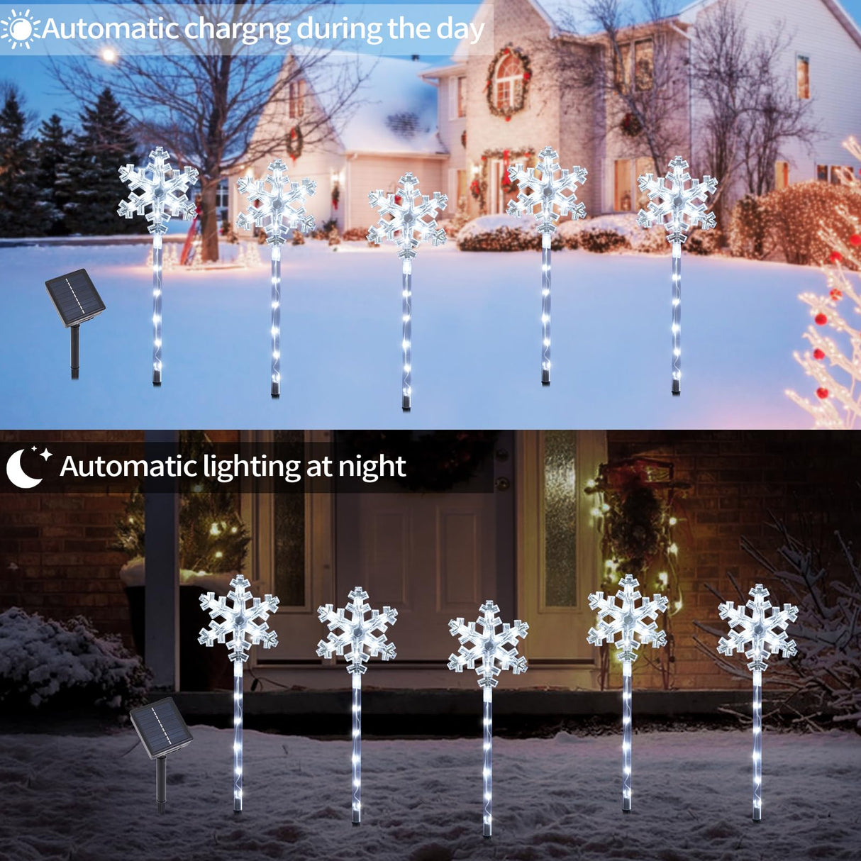 Solar Christmas Snowflake Pathway Lights, Set of 5 Outdoor Garden Lights Decorations，Waterproof Stake Decorative Light for Yard Lawn Porch Walkway Decor (Cool White, 5 Pack)