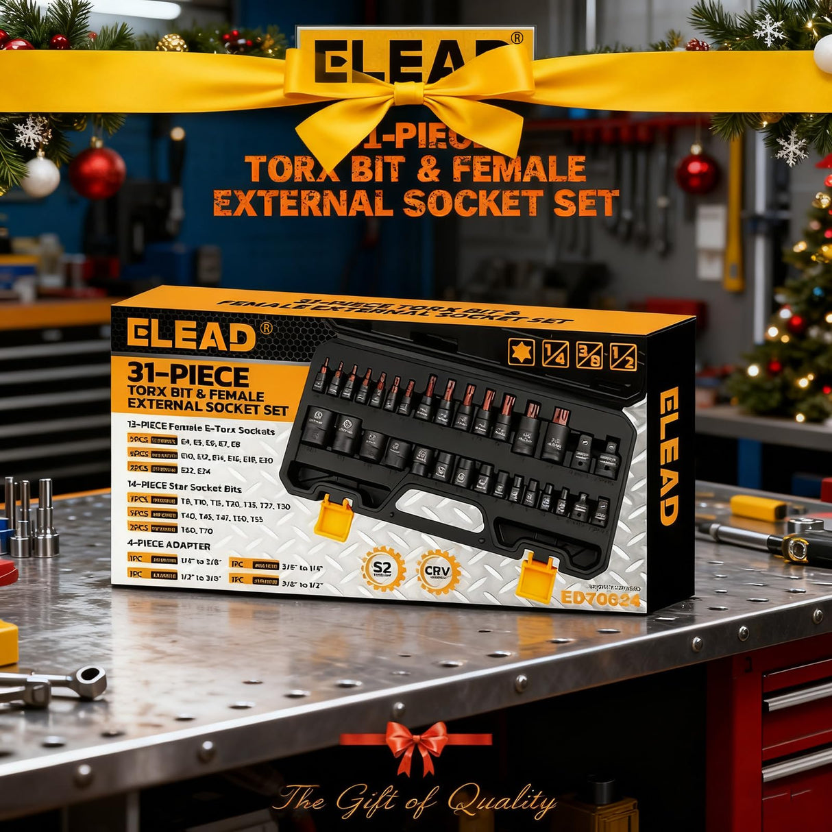 31-Piece Torx Bit Socket Set: 14 Star Bits T8-T70 & 13 E-Torx Sockets E4-E24, Premium CR-V & S2 Alloy Steel, High Torque Laser Marked for Automotive Mechanic