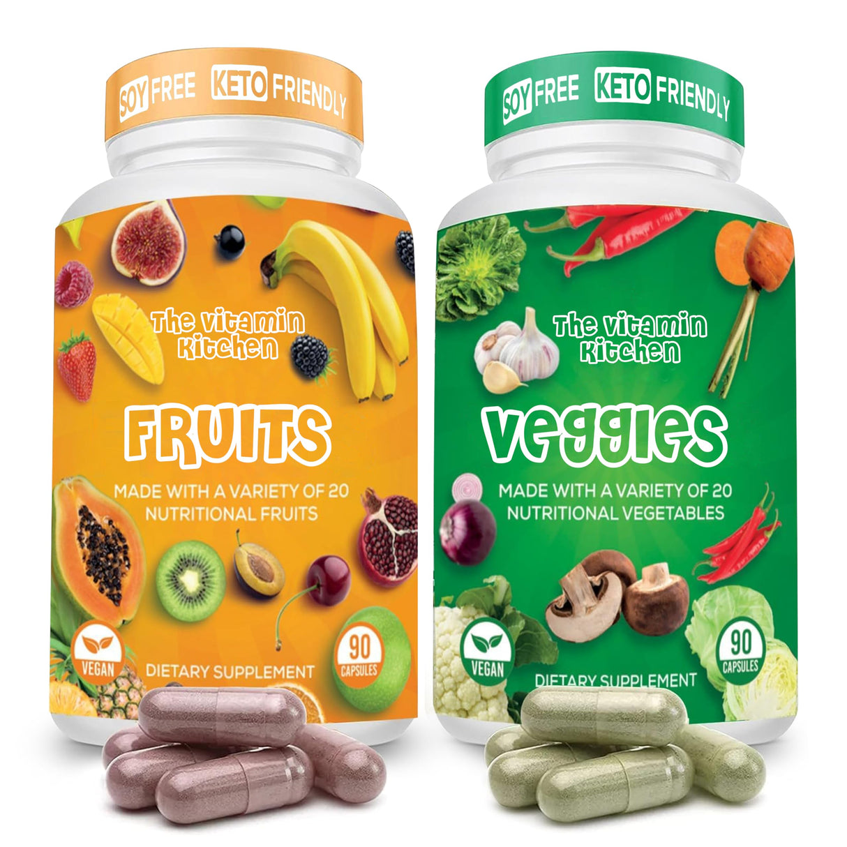 The Vitamin Kitchen Fruit and Veggie Supplements-90 Fruits, 90 Veggies Capsules to Boost Energy Level - Whole Food Fruits and Vegetable from Super Foods - Made in USA - Soy & Vegan Free (Pack of 2)…