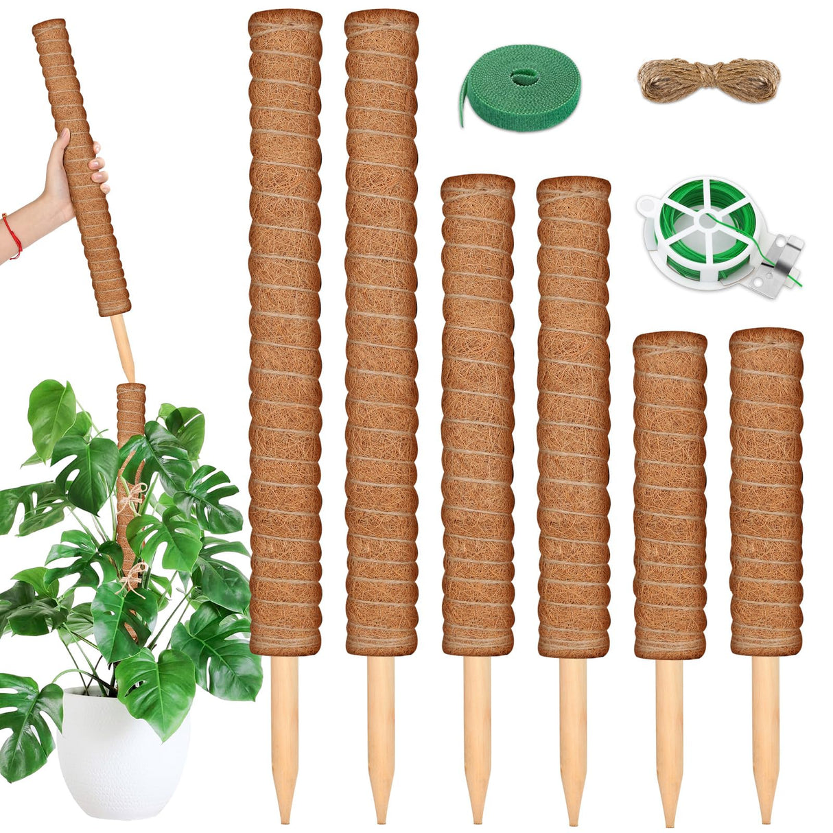 ROADPLUM 102 Inch Moss Pole for Plants Indoor (2*21.7", 2*16.5", 2*12.6") 6Pcs Coco Coir Pole Monstera Plant Support Pole for Plants Climbing with 65.6ft Twist Tie, Plant Tie and Jute Rope for Potted