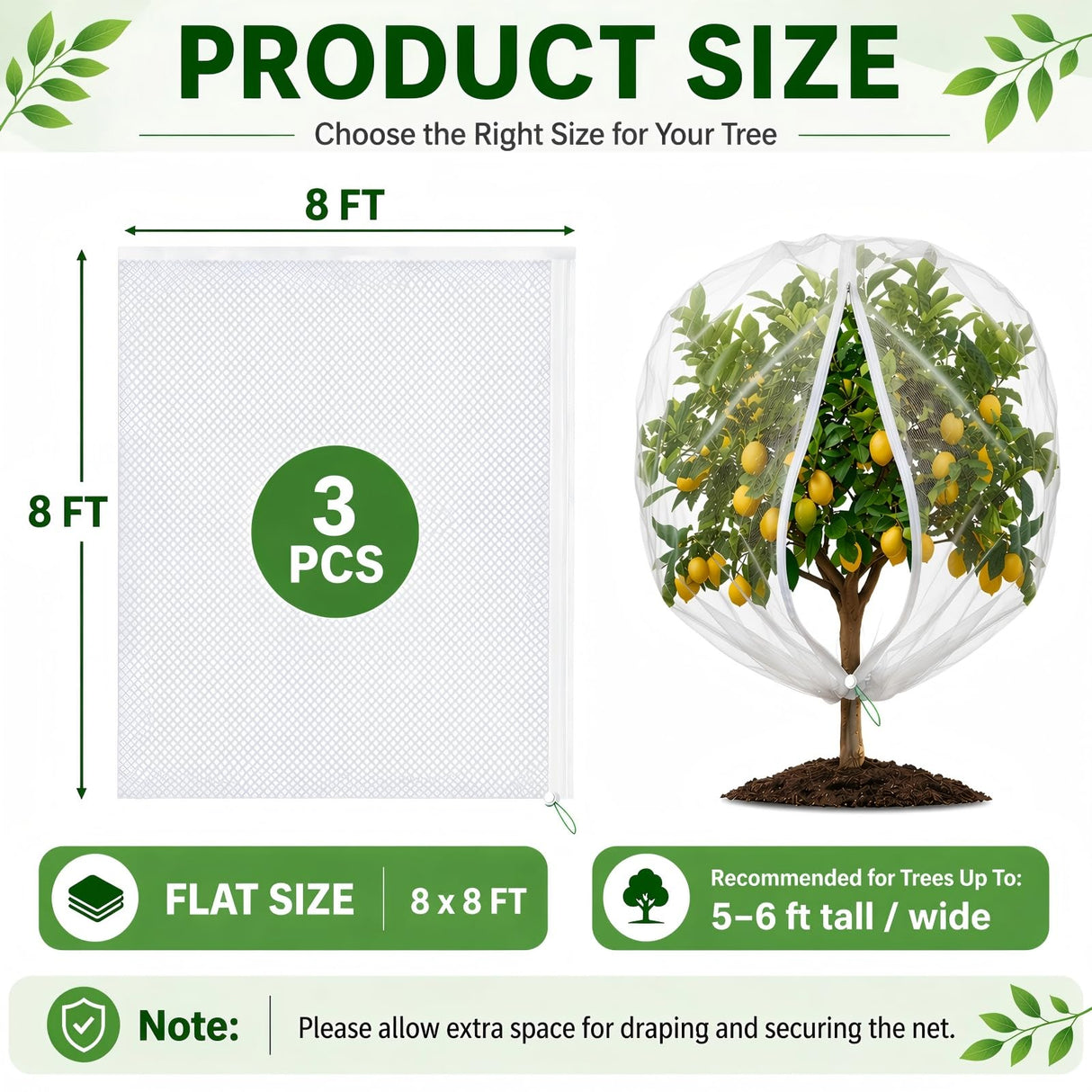 3 Pack 8 x 8 ft Large Fruit Tree Netting Covers with Zipper & Drawstring, Extra Fine Mesh Garden Netting for Blueberry Peach Apple Trees, Protects Fruit from Birds, Squirrels, Deer, Cicadas & Beetles