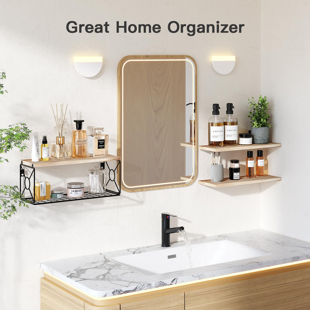 Amada Bathroom Shelves Over Toilet with Storage Basket, Floating Wall Shelf for Home Organization & Wall Decor, Bathroom/Kitchen/Living Room Shelves–Natural Wood