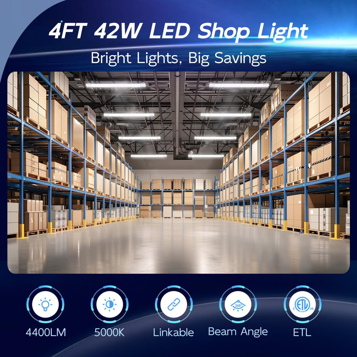 hykolity 4 Pack Linkable LED Shop Light, 4FT 42W [250W Equivalent], 4400lm, 5000K Daylight, with Plug, Utility Light Fixture, Hanging or Surface Mount, White